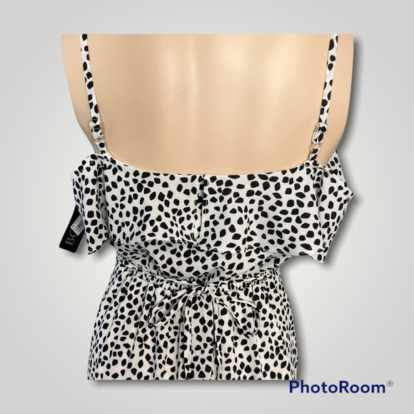 Bcx Ruffle Maxi Dress White Black Dots Off Shoulder Asymmetrical Juniors Size XS - Picture 9 of 12